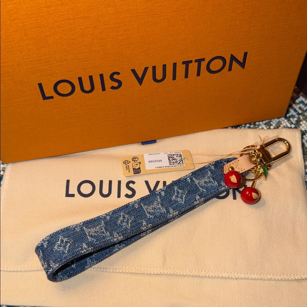 Louis Vuitton LV x TM Denim Cerice Monogram Dragonne Key Strap with Red Cherries
